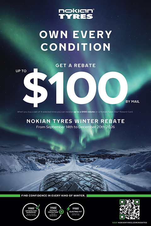 Nokian Tyres: Get up to a $100 mail-in rebate with the purchase of four select tires, from September 14 to December 20, 2026.