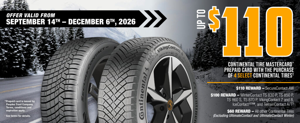 Continental: Get a $60, $100 or $110 prepaid Mastercard with the purchase of four select Continental tires, from September 14 to December 6, 2026. Reward varies by tire model.